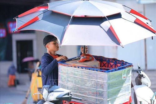 Người giao hàng phải tìm cách chống nắng khi nhiệt độ ngoài trời tăng cao. Ảnh: Hoàng Hiếu/TTXVN