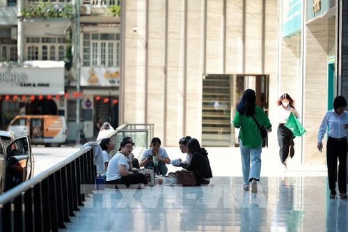 Nhiều bạn trẻ chọn ngồi tại khu vực có mái che, tránh nắng trong giờ nghỉ trưa. Ảnh: Phạm Tuấn Anh - TTXVN