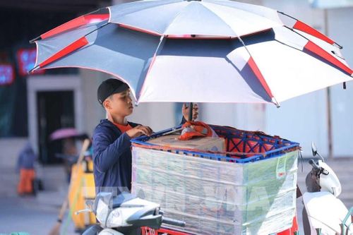 Người giao hàng phải tìm cách chống nắng khi nhiệt độ ngoài trời tăng cao. Ảnh: Hoàng Hiếu - TTXVN