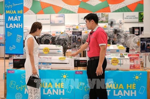 Người dân tranh thủ mua sắm các thiết bị làm mát như quạt điện, điều hòa để chống chọi với những ngày thời tiết nắng nóng kéo dài. Ảnh: Phạm Tuấn Anh - TTXVN