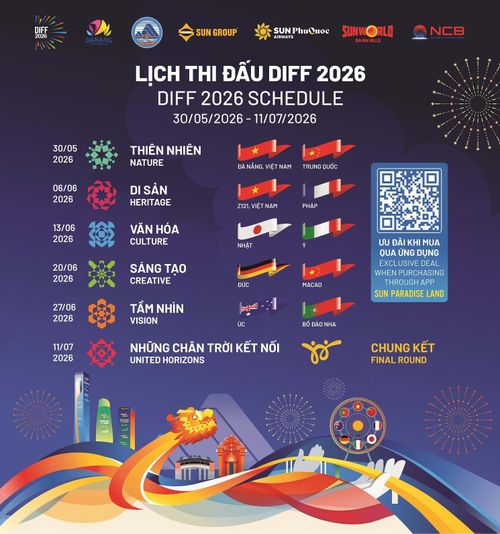 Lịch trình chi tiết 6 đêm tranh tài tại DIFF 2026, khởi động từ 30/5 với chủ đề "Thiên nhiên" và khép lại bằng đêm chung kết "Những chân trời kết nối" vào ngày 11/7.
