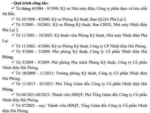 Quá trình làm việc của ông Dương Sơn Bá. (Nguồn: Báo cáo thường niên 2025 của Nhiệt điện Hải Phòng).