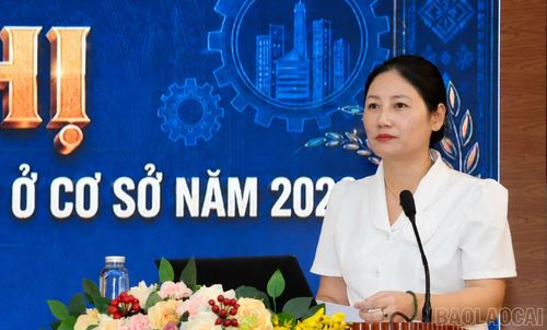 Đồng chí Đoàn Thị Thanh Tâm - Phó Trưởng Ban Thường trực Ban Tuyên giáo và Dân vận Tỉnh ủy trình bày chuyên đề tại hội nghị.