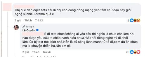 Phản hồi của Lệ Quyên trước yêu cầu kiểm tra chất kích thích. Ảnh chụp màn hình. 