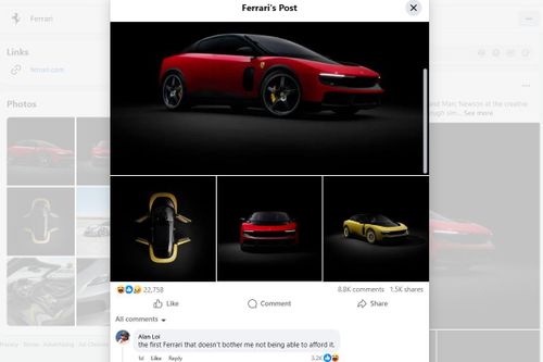  Trong bài đăng chính thức đầu tiên về thiết kế ngoại thất của Ferrari Luce, mẫu EV này đã nhận được nhiều phản ứng không được mong chờ, từ số lượng người thả "Haha" chiếm áp đảo đến những câu bình luận đầy chua cay. 