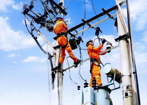 Nhân viên Đội quản lý điện khu vực Hạ Long xử lý khiếm khuyết lưới điện trung thế trong cao điểm nắng nóng. Ảnh: Ngọc Lan