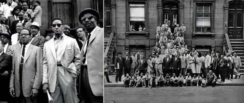 Sonny Rollins (đứng giữa ở ảnh trái) trong một buổi sáng mùa Hè năm 1958 ở Harlem, cùng 56 nhạc sĩ jazz khác, là những người có ảnh hưởng lớn nhất trong Kỷ nguyên Vàng nhạc jazz