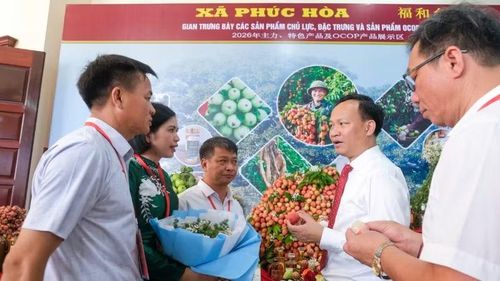 Phó Chủ tịch Ủy ban nhân dân tỉnh Bắc Ninh Phạm Văn Thịnh (thứ hai từ phải sang) trao đổi, tham quan quầy trưng bày sản phẩm của xã Phúc Hòa.