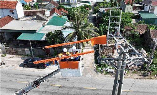 Công tác bảo trì, bảo dưỡng hệ thống điện bằng công nghệ Hotline (công nghệ sửa chữa điện nóng) duy trì nguồn điện liên tục cho sinh hoạt và sản xuất của khách hàng, trên địa bàn xã Trung Lộc, tỉnh Nghệ An. Ảnh: Vũ Sinh/TTXVN