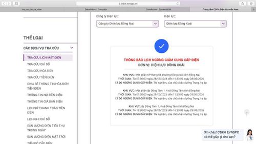 Lịch ngừng cấp điện tại Đồng Nai ngày mai 29/5 được cập nhật ngày 28/5 tại website của EVNSPC. Ảnh: BNEWS phát