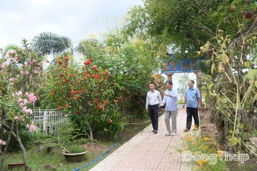 Anh Nguyễn Văn Thanh Sơn (giữa) đã cải tạo khu vườn thành điểm du lịch sinh thái xanh mát với nhiều loại cây ăn trái kết hợp nuôi ong lấy mật, tạo nên hệ sinh thái tuần hoàn hiệu quả.