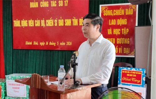 Phó Chủ tịch UBND tỉnh Lâm Hải Giang động viên cán bộ, chiến sĩ đảo Sinh Tồn Đông tiếp tục vượt khó, chắc tay súng nơi đầu sóng ngọn gió. Ảnh: Mỹ Hà