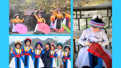 Nhóm các em học sinh tham gia Câu Lạc bộ Mầm đá, biểu diễn tại Bãi đá Mặt Trăng, xã Sà Phìn