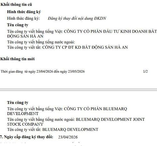 Công ty Hà An đổi tên mới thành Bluemarq Development từ ngày 23/4/2026.