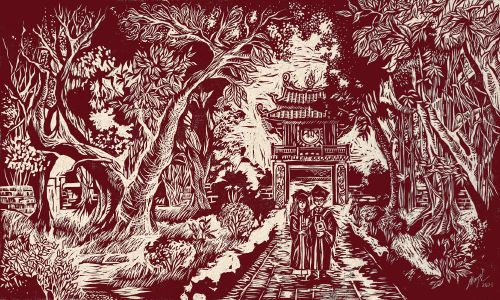 Tác phẩm tái hiện hình ảnh sĩ tử trong không gian Văn Miếu - Quốc Tử Giám, gợi nhắc tinh thần hiếu học và dòng chảy đạo học Việt Nam qua góc nhìn nghệ thuật đương đại. Ảnh: An Phương