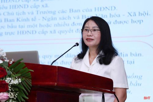 Đồng chí Nguyễn Thị Nhuần - Trưởng ban Pháp chế, HĐND tỉnh giới thiệu chuyên đề “Vị trí, vai trò, chức năng, nhiệm vụ, quyền hạn của HĐND cấp xã và công tác tổ chức, điều hành tại kỳ họp”.