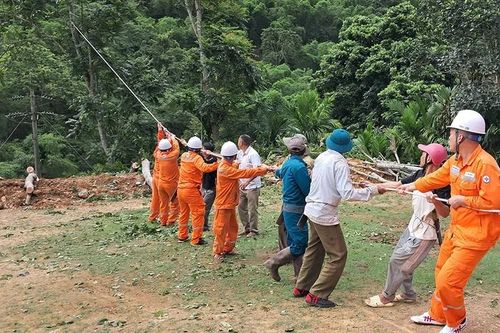 Công nhân Điện lực Thanh Hóa phối hợp với người dân xử lý cây xanh có nguy cơ ảnh hưởng đến hành lang an toàn lưới điện trước mùa mưa bão.