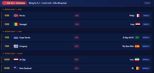 Lịch thi đấu lượt cuối vòng bảng World Cup 2026 các bảng G, H, I ngày 27/6.