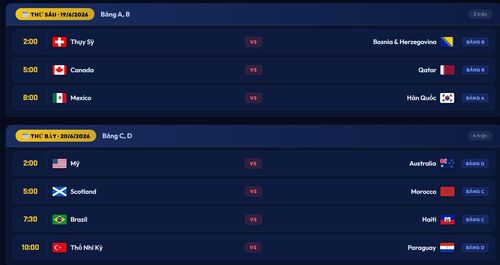 Lịch thi đấu World Cup 2026 từ ngày 19/6 đến 20/6.