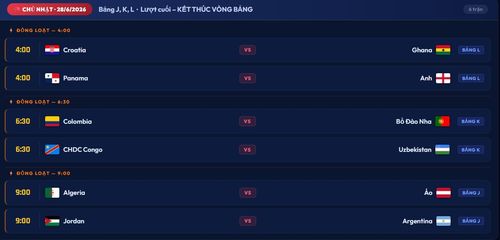Lịch thi đấu lượt cuối vòng bảng World Cup 2026 các bảng J, K, L ngày 28/6.