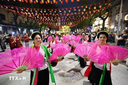 Lễ rước Xá Lợi Phật và xe hoa cầu nguyện Quốc thái dân an trên các tuyến phố. (Ảnh: Minh Đức/TTXVN)