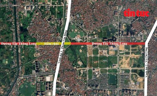Vị trí hầm chui tại nút giao đường Tây Thăng Long - Vành đai 3 (màu vàng) nhìn từ Google Maps.