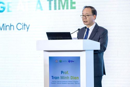 GS.TS.BS Trần Minh Điển, Giám đốc Bệnh viện Nhi Trung ương, Chủ tịch Hội Nhi khoa Việt Nam chia sẻ tại hội thảo. Ảnh: BTC