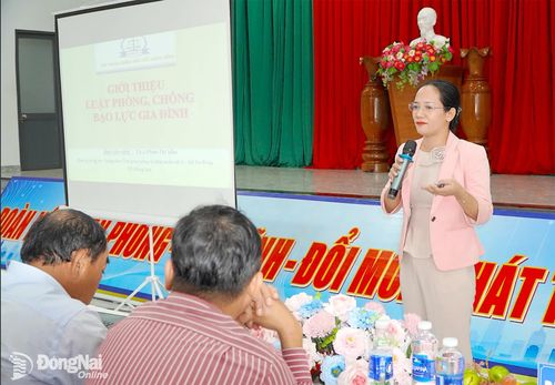 Báo cáo viên Phan Thị Vân, Phó Giám đốc Trung tâm Trợ giúp pháp lý Nhà nước số 1 phổ biến các quy định pháp luật về phòng, chống bạo lực gia đình, bình đẳng giới. Ảnh: An Nhơn