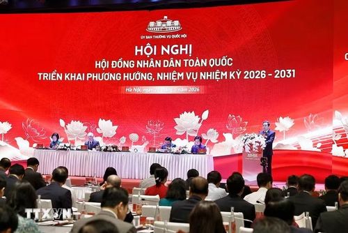 Chủ tịch Quốc hội Trần Thanh Mẫn phát biểu khai mạc hội nghị Hội đồng Nhân dân toàn quốc. (Ảnh: Doãn Tấn/TTXVN)