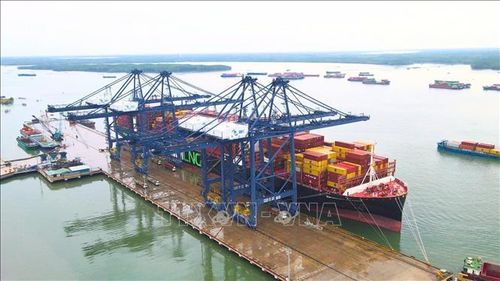 Tàu ZIM MOUNT RAINIER cập cảng Sài Gòn-SSA tại phường Tân Phước, TP. Hồ Chí Minh. Ảnh: TTXVN phát