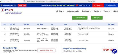 Thông báo lịch cắt điện ở Nha Trang, tỉnh Khánh Hòa ngày 1/6 cập nhật lúc 12h42 phút ngày 31/5 từ Tổng công ty Điện lực miền Trung thông báo trên website EVNCPC. Ảnh: BNEWS/TTXVN
