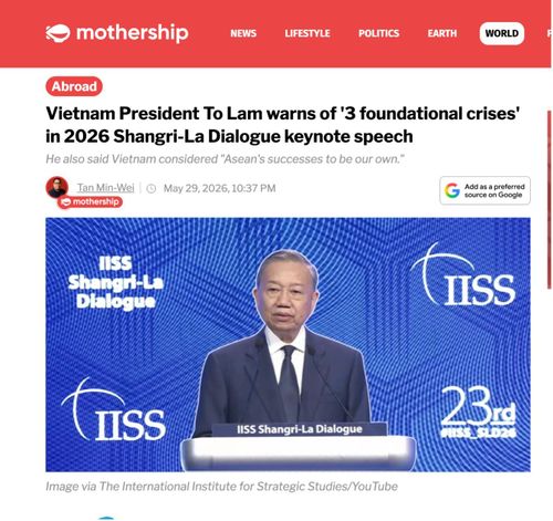 Mothership.sg (Singapore) tường thuật chi tiết Tổng Bí thư, Chủ tịch nước Tô Lâm phát biểu dẫn đề khai mạc Đối thoại Shangri-La lần thứ 23. Ảnh chụp lại từ Mothership.sg