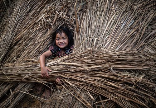 Trẻ em chơi trò trốn tìm bên những ụ tranh dựng làm mái nhà.