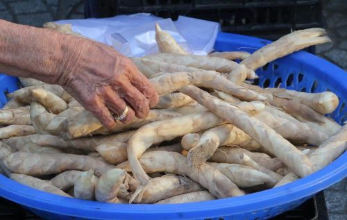 Sản vật chỉ có riêng ở núi Cấm được người dân bày bán tại chợ Mây. Ảnh: Công Mạo - TTXVN