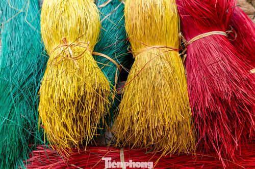  Những sợi cói được nhuộm màu rồi tiếp tục đưa vào khung dệt. 