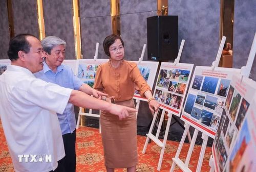 Các thành viên Hội đồng thảo luận về tác phẩm ảnh báo chí được lựa chọn vào Chung khảo. (Ảnh: Hoàng Hiếu/TTXVN)