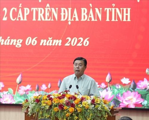 Ủy viên Trung ương Đảng, Bí thư Tỉnh ủy An Giang Nguyễn Tiến Hải phát biểu tại hội nghị.