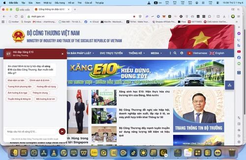 Chatbot giải đáp về xăng E10 xuất hiện ngay trên trang chủ của Cổng thông tin điện tử Bộ Công Thương phiên bản máy tính. Ảnh chụp màn hình.
