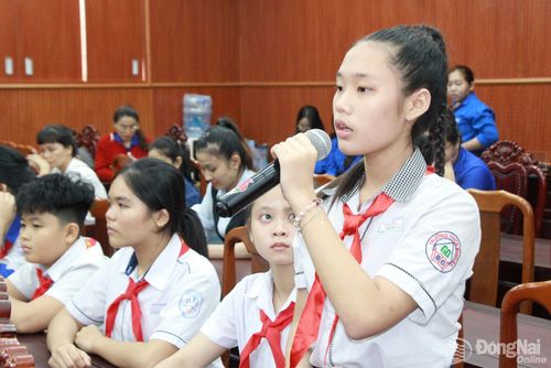 Thành viên Hội đồng trẻ em thành phố thảo luận, trao đổi ý kiến tại kỳ họp thứ I. Ảnh: Nga Sơn