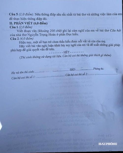 Đề thi Ngữ văn lớp 10 tại Hải Phòng.