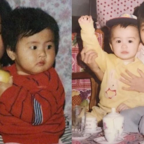 Ngọc Hân chia sẻ hình ảnh con trai (áo kẻ caro) "miệng cười mắt cười" và ảnh cô cùng chồng thời thơ ấu.