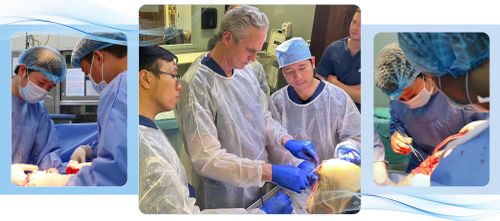 Bác sĩ Thái Bảo mổ thực hành tại Trung tâm phẫu thuật Chỉnh hình Tricounty Orthopedics, Cedar Knolis, New Jersey, Hoa Kỳ (ảnh giữa) và thực hành phẫu thuật cho bệnh nhân tại BV Trung ương Huế (hai ảnh bên).