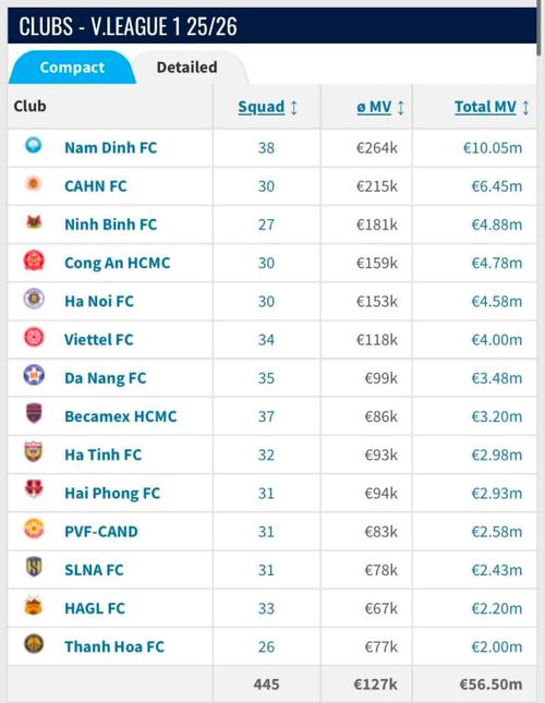 Với tổng giá trị đội hình chỉ xếp hạng 13/14 V.League, HAGL đứng hạng 10 đã là quá thành công. Đồ họa: Transfermarkt.