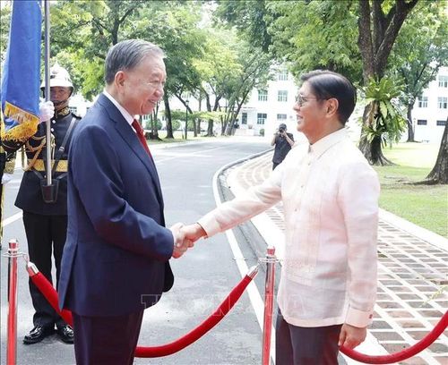  Tổng thống Philippines Ferdinand Romualdez Marcos Jr. đón Tổng Bí thư, Chủ tịch nước Tô Lâm. Ảnh: TTXVN 