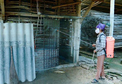 Người chăn nuôi tại xã Thanh Yên phun tiêu độc khử trung chuồng trại phòng chống dịch bệnh. 