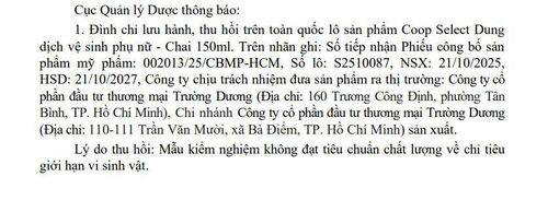 Lô sản phẩm Coop Select Dung dịch vệ sinh phụ nữ - chai 150ml bị phát hiện không đạt tiêu chuẩn vi sinh vật.