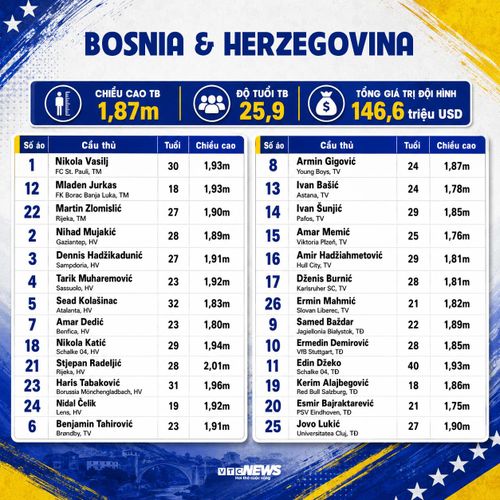 Chi tiết đội hình Bosnia &amp; Herzegovina dự World Cup 2026: Thông tin cầu thủ, số áo.