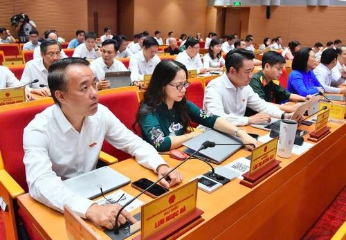 Đại biểu HĐND thành phố Hà Nội nhấn bút thông qua Nghị quyết. Ảnh: SYTHN.