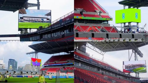 Để chuẩn bị cho World Cup 2026, Sân đã nâng cấp hệ thống 4 màn hình LED cỡ lớn vừa được lắp đặt tại bốn góc của khán đài. Với kích thước 15 x 9 mét (50 x 30 feet) và sở hữu hơn 5 triệu điểm ảnh mỗi màn hình, chúng được đưa vào để thay thế cho bảng điểm đơn độc trước đây ở phía bắc, ngay lập tức mang lại một diện mạo hoàn toàn mới cho sân vận động. (Ảnh: Joon Choi)