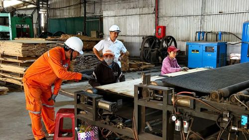 Công nhân Công ty Điện lực Lâm Đồng tư vấn, hướng dẫn công nhân sử dụng điện an toàn. Ảnh: Thiên Phương